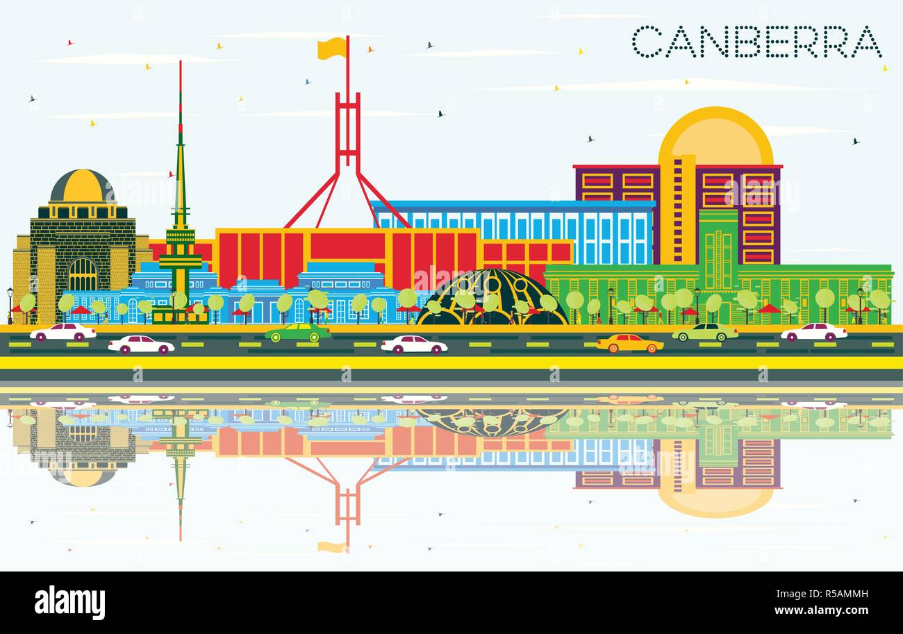 Canberra Australia City Skyline with Color Buildings, Blue Sky and Reflections. Vector Illustration. Stock Vector