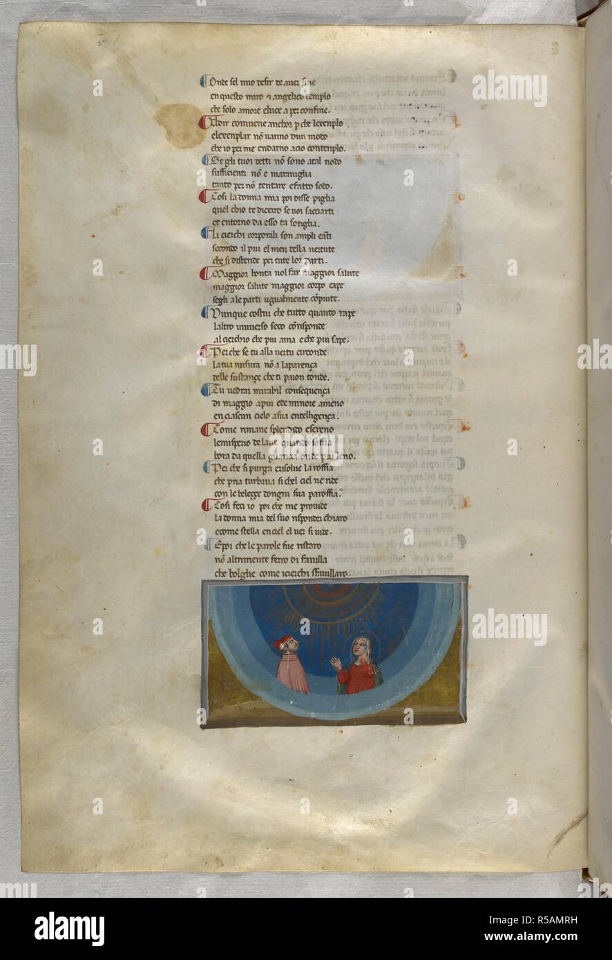 Paradiso : Beatrice explains the order to Dante. Dante Alighieri, Divina Commedia ( The Divine Comedy ), with a commentary in Latin. 1st half of the 14th century. Source: Egerton 943, f.176v. Language: Italian, Latin. Stock Photo