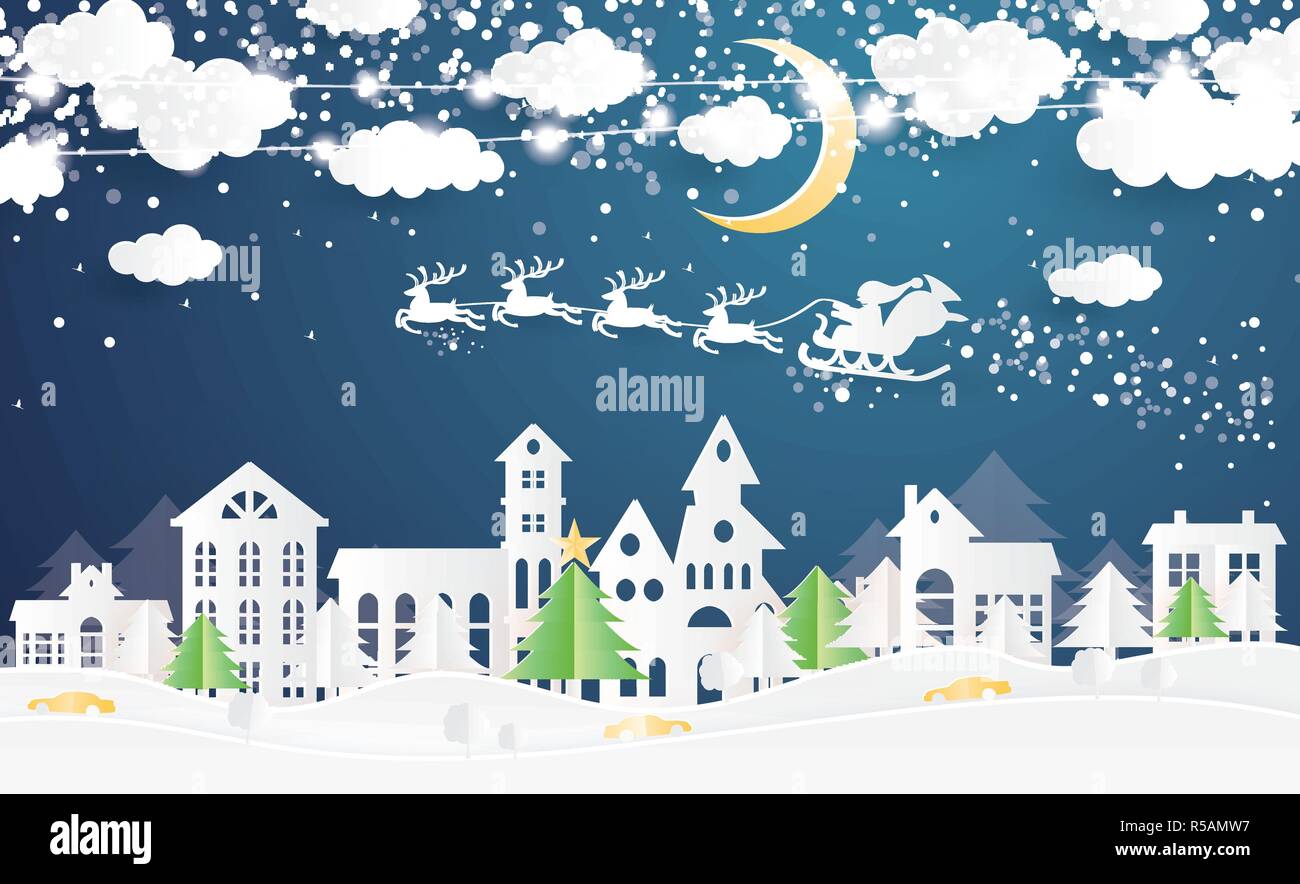 Christmas Village and Santa Claus in Sleigh in Paper Cut Style. Winter Landscape with Moon and Clouds. Vector Illustration. Merry Christmas Stock Vector