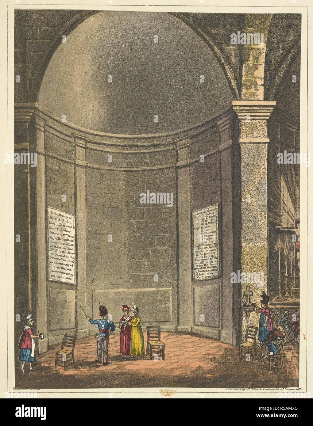 Interior of the chapel of Waterloo. An Historical Account of the Campaign in the Netherlands, in 1815, under His Grace the Duke of Wellington, and Marshal Prince Blucher, comprising the battles of Ligny, Quatrebras, and Waterloo; with a detailed narrative of the political events connected with those memorable conflicts down to the surrender of Paris, and the departure of Bonaparte for St. Helena ... Embellished with ... plates ... from drawings ... by James Rouse. London : Henry Colburn, 1817. Source: 193.e.9 Plate V - D.D. Author: JAMES ROUSE. Mudford, William. Stock Photo