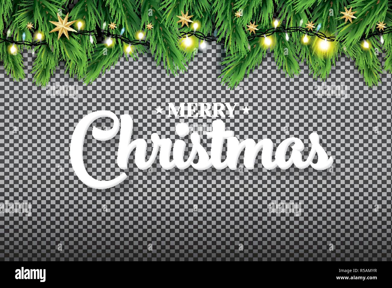 Merry Christmas Fir Branch With Neon Lights And Stars On Transparent Background Vector Illustration Stock Vector Image Art Alamy