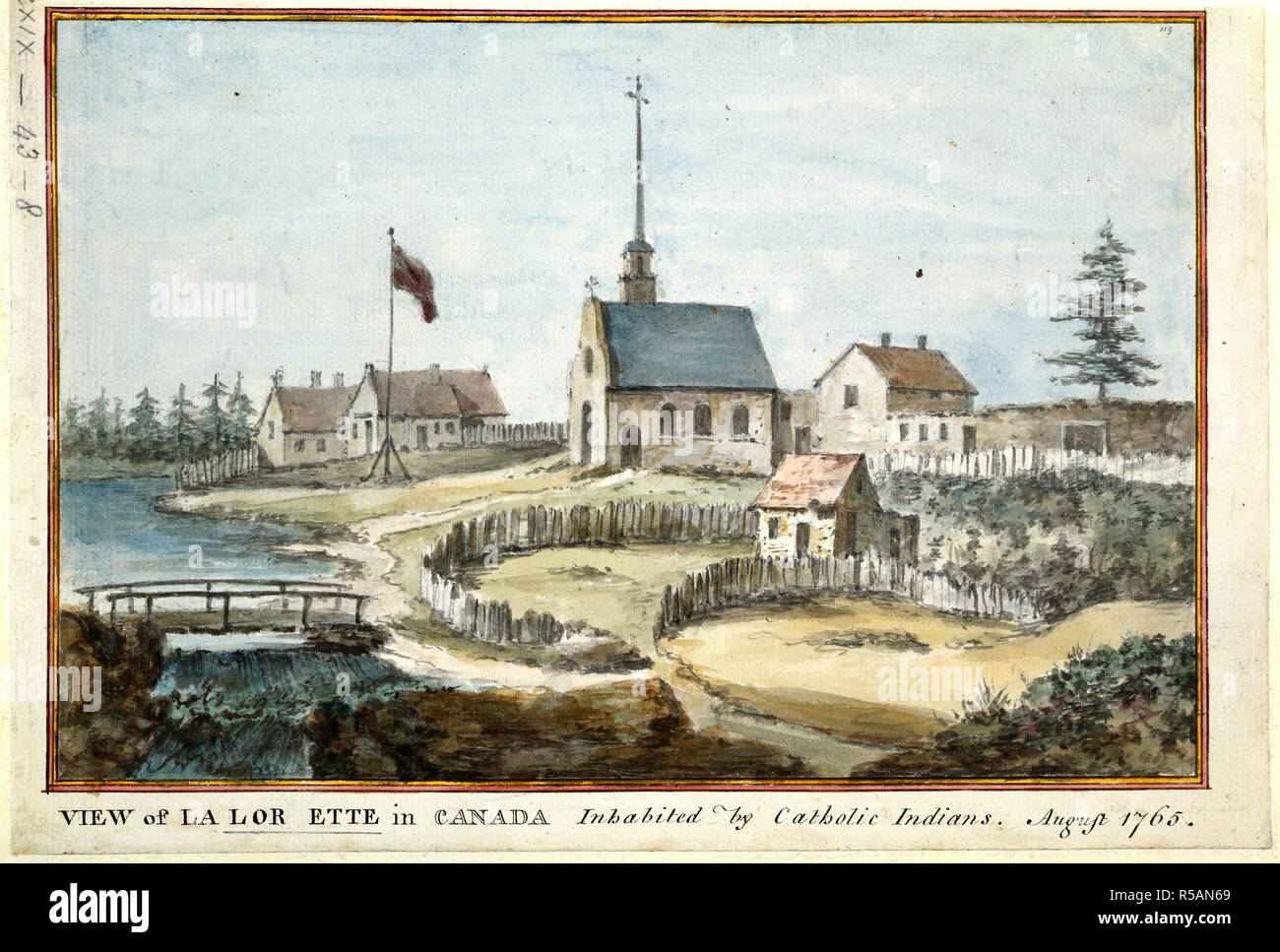 A colored 'View of La Lorette in Canada, inhabited by Catholic Indians, August, 1765'. An early colonial settlement. (Lorette, Quebec). August, 1765. Source: Maps K.Top.119.43.8. Stock Photo