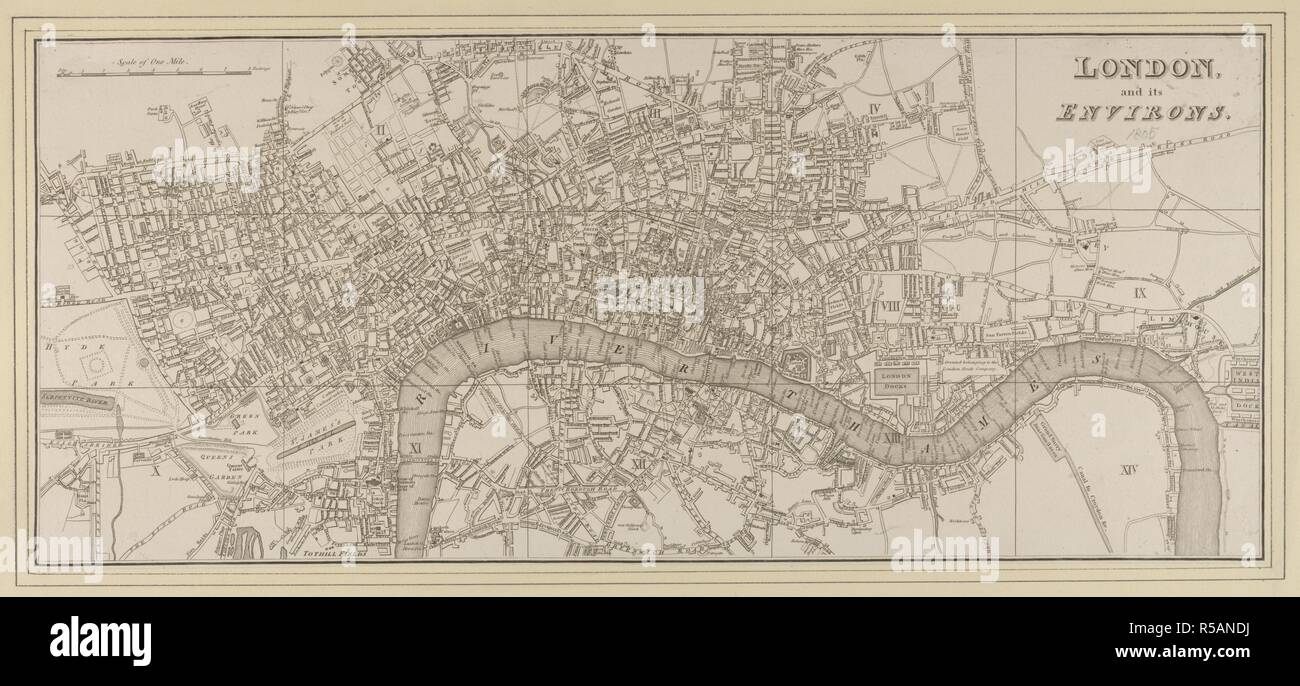 The title of this small map of Regency London appears at top right, facing a scale bar at top left. The map is divided into squares for reference. It indicates with a dotted line the proposed new bridge at Waterloo. London and its environs. ca. 1805. Date taken from pencil annotation below title.   Map is divided into rectangles with Roman numerals for reference, but has no index.   Proposed new bridge at Waterloo shown.  1 map ; 23 x 54 cm; Scale [ca. 1:18,800]. Source: Maps Crace Port 6.190. Author: ANON. Stock Photo