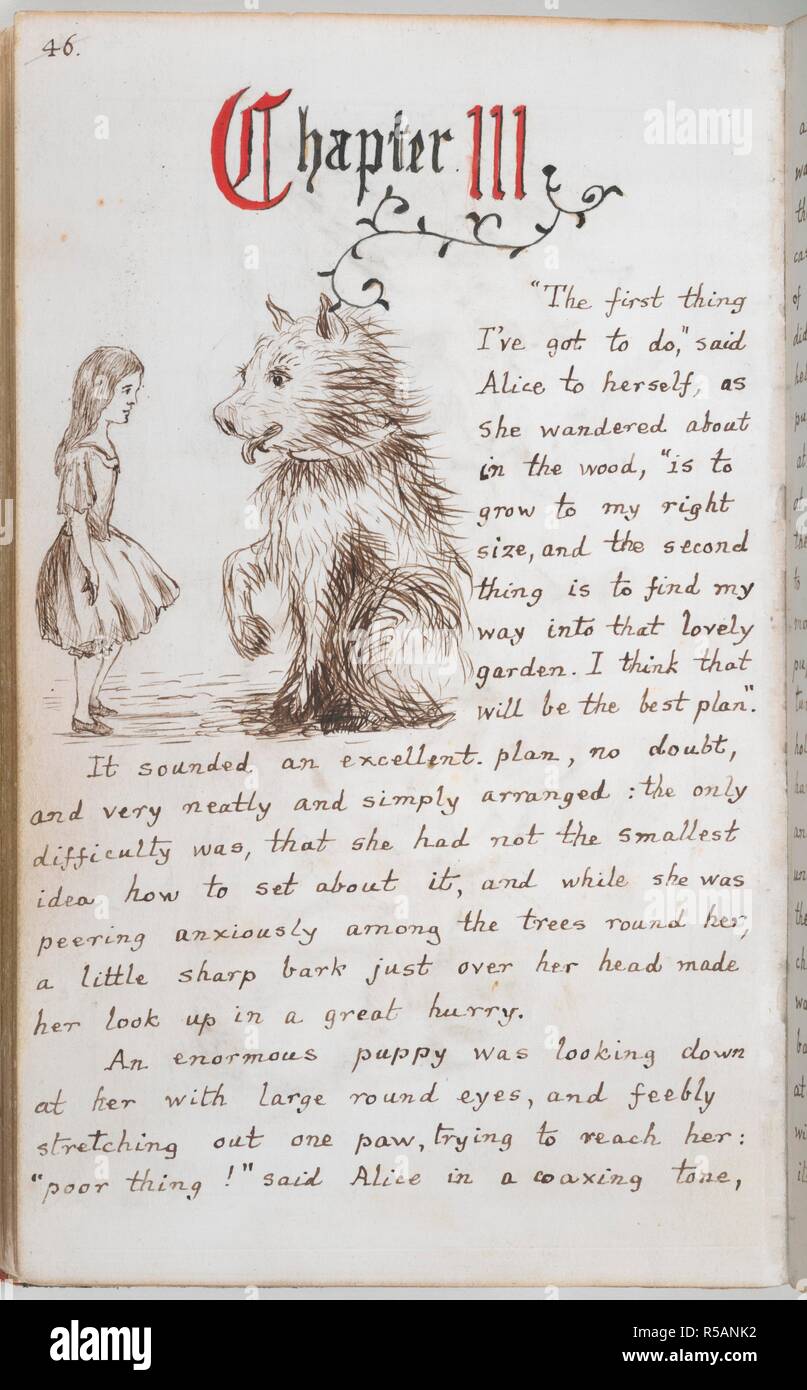 Alice and the puppy. Alice's Adventures Under Ground [in Wonderland]. England [Oxford]; 1862-1864. [Whole folio] Text and drawing from the opening of Chapter III: Alice encounters an enormous puppy as she wanders in the wood  Image taken from Alice's Adventures Under Ground [in Wonderland].  Originally published/produced in England [Oxford]; 1862-1864. . Source: Add. 46700, f.24v. Language: English. Author: DODGSON, CHARLES LUTWIDGE. Dodgson, Charles Lutwidge, pseud. Lewis Carroll. Stock Photo