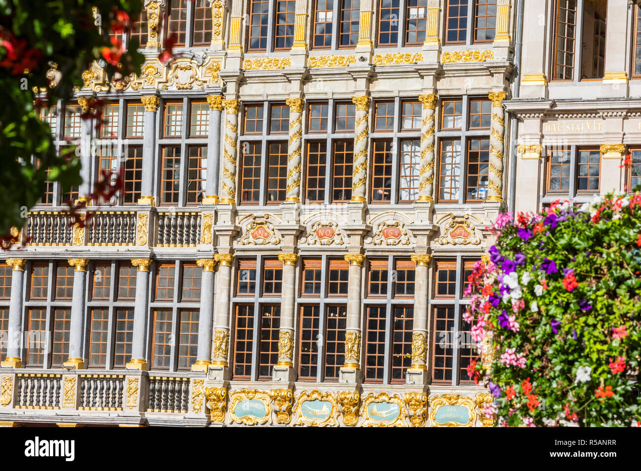 Brussels facade of La Louve, Le Cornet, Le Renard buildings in Grand Pplace Stock Photo