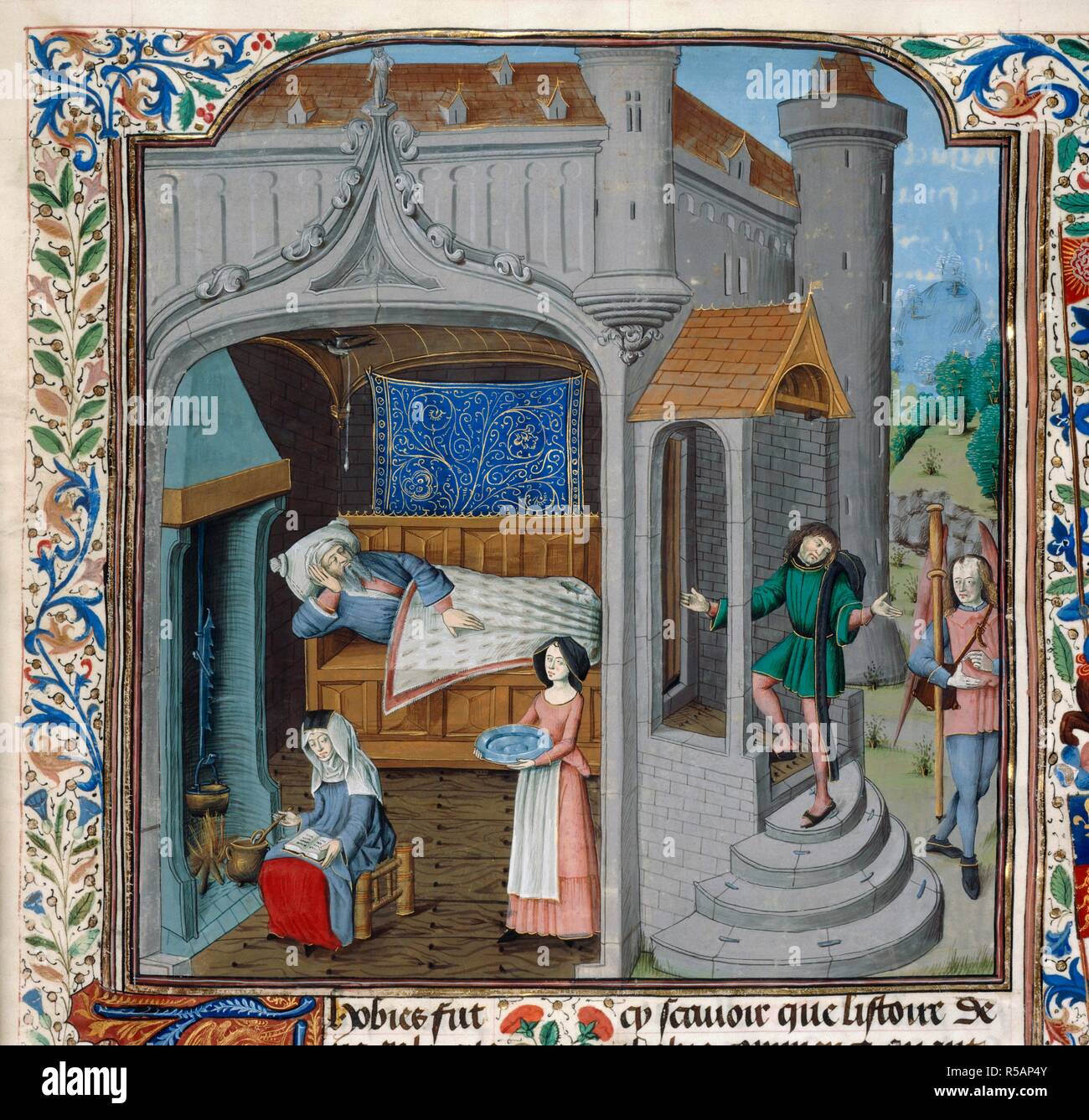 The blinding and cure of Tobit. Bible Historiale of Edward IV. S. Netherlands [Bruges]; circa 1479. (Whole miniature) The blind Tobit lies in bed in a room, attended by two women, whilst outside his son Tobias enter the building with the Angel Raphael who will cure his father.  Image taken from Bible Historiale of Edward IV.  Originally published/produced in S. Netherlands [Bruges]; circa 1479. . Source: Royal 15 D. I, f.18. Language: French. Stock Photo