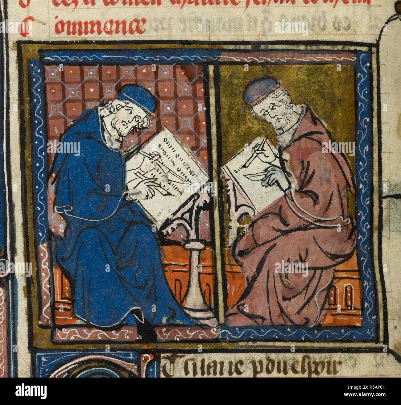 The two authors, Jean de Meun and Guillaume de Lorris at work, with a  decorated initial 'E'(t), at the beginning of Jean de Meun's Roman de la  Rose. Roman de la Rose.