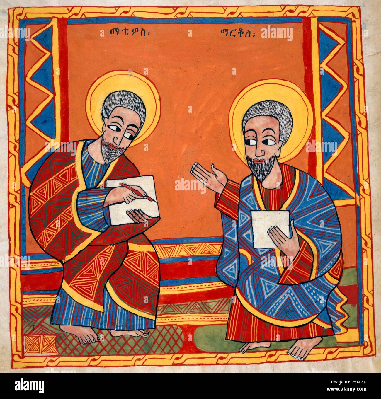 Evangelists. Octateuch, Four Gospels and Synodicon. Gondar, late 17th century. Image of Saint Luke and Saint John the Evangelists. Parchment manuscript.  Image taken from Octateuch, Four Gospels and Synodicon.  Originally published/produced in Gondar, late 17th century. . Source: Or. 481, f.125v. Language: Ethiopic. Stock Photo