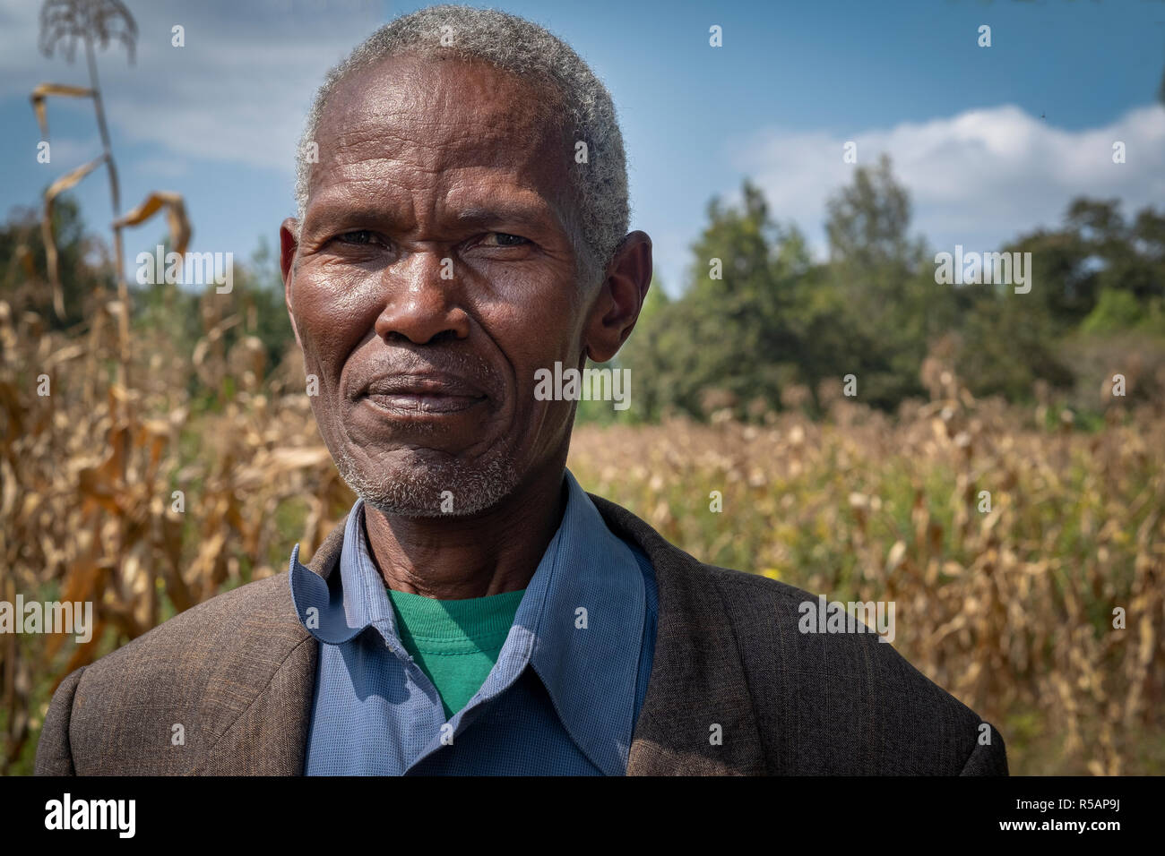 Portrait of a handsome Tanzanian elderly farmer in a planted area of his farm in the Arusha highlands Stock Photo