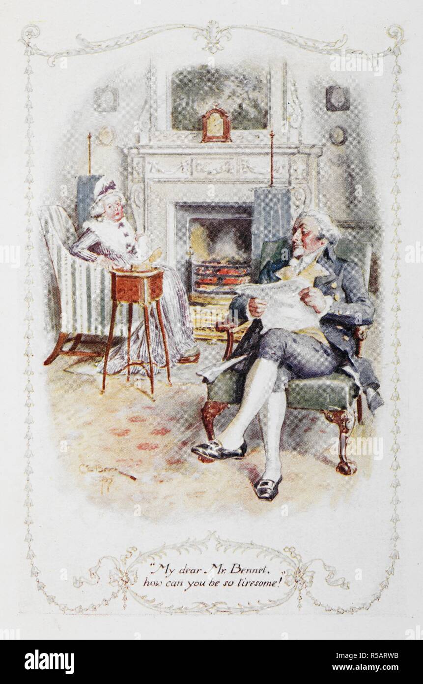 'My dear Mr Bennet, how can you be so tiresome ?'. Mr and Mrs Bennet. Illustration to 'Pride and Prejudice', the novel by Jane Austen. Pride and Prejudice. London : J. M. Dent & Sons, 1907. Source: 012208.g.2/3 opposite page 6. Language: English. Author: AUSTEN, JANE. Brock, Charles Edmund. Stock Photo