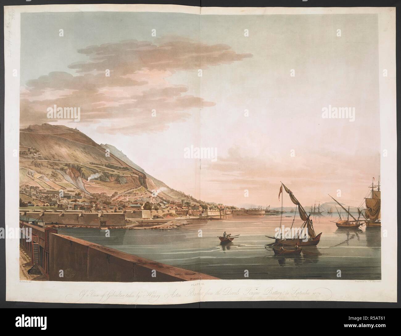 A view of Gibraltar from the south side of the North Mole, with part of the artillery battery and sailing ships in the foreground, city walls, town and harbour beyond and the Spanish coast in the background. Plate II. Of a View of Gibraltar by Henry Aston Barker : from the Devil's Tongue Battery, in September 1804. [London] : [publisher not identified], [1808]. Etching and aquatint. Source: Maps K.Top.72.48.n.2. Language: English. Author: Harraden, Richard. Stock Photo