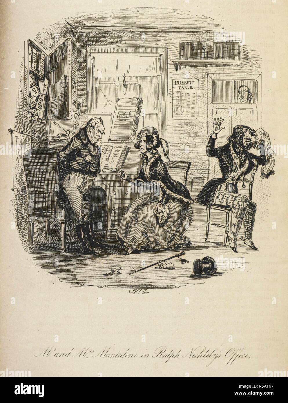 Illustration with the title 'Mr and Mrs Mantalini in Ralph Nickleby's office'. . The life and adventures of Nicholas Nickleby ... With illustrations by Phiz [and a portrait of the author by D. Maclise]. London: Chapman & Hall, 1839 [1838, 39]. Source: C.58.i.4 plate facing page 323. Language: English. Author: DICKENS, CHARLES. Hablot Knight Browne Phiz. Stock Photo