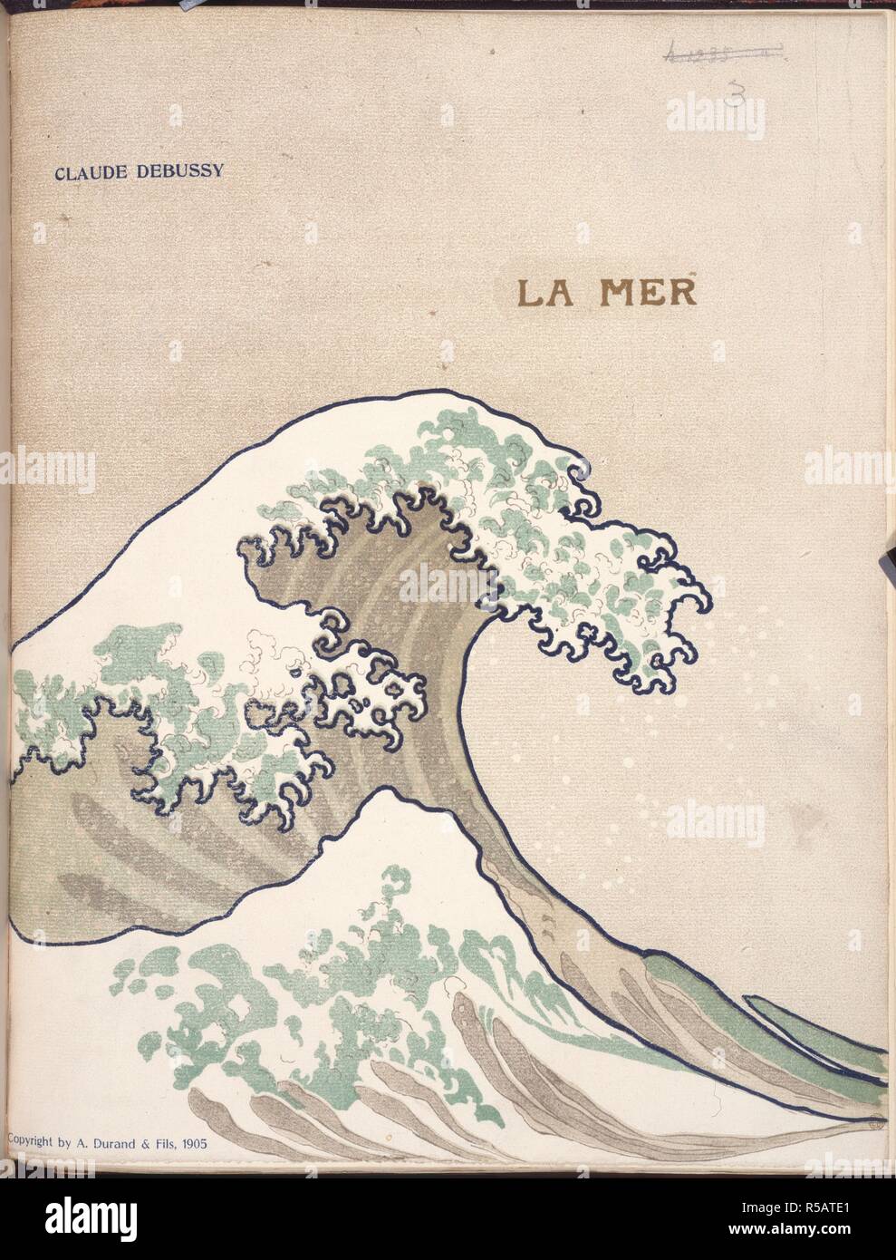 Music cover. A reproduction of the ' The Great Wave off Kanagawa' by Hokusai. La Mer ... Trois Esquisses Symphoniques. Paris : A. Durand & Fils, 1905. Source: h.1235.(3.). Author: Debussy, Achille-Claude. Stock Photo