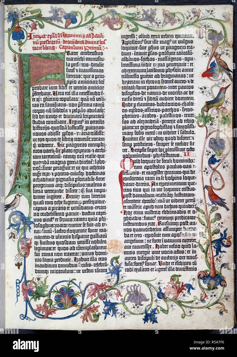 Page from the Gutenberg Bible, with Erfurt illumination, with a heading added by hand in red ink. A letter 'F' has been supplied in green and maroon highlighted with gold pen-work within the body of the letter, extending further down the inner margin and merging with a full border of flowers and scrolling foliage with birds perching on leaves. The Gutenberg Bible. Mainz, 1455. Source: C.9.d.3, 1. Stock Photo