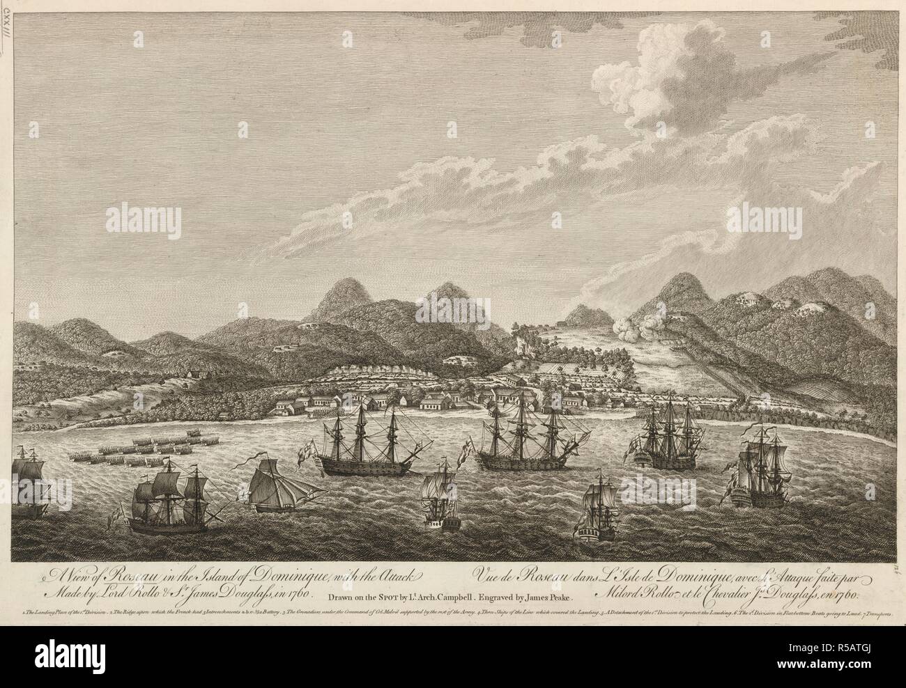British Warships Commanded By Lord Rollo And James Douglas Approach The Coast Of Dominica In The Foreground With The Town Of Roseau Seen Among Trees Beyond And Mountains And Forests In The British Warships Commanded By Lord Rollo And James Douglas Approach The Coast Of Dominica In The Foreground With The Town Of Roseau Seen Among Trees Beyond And Mountains And Forests In The