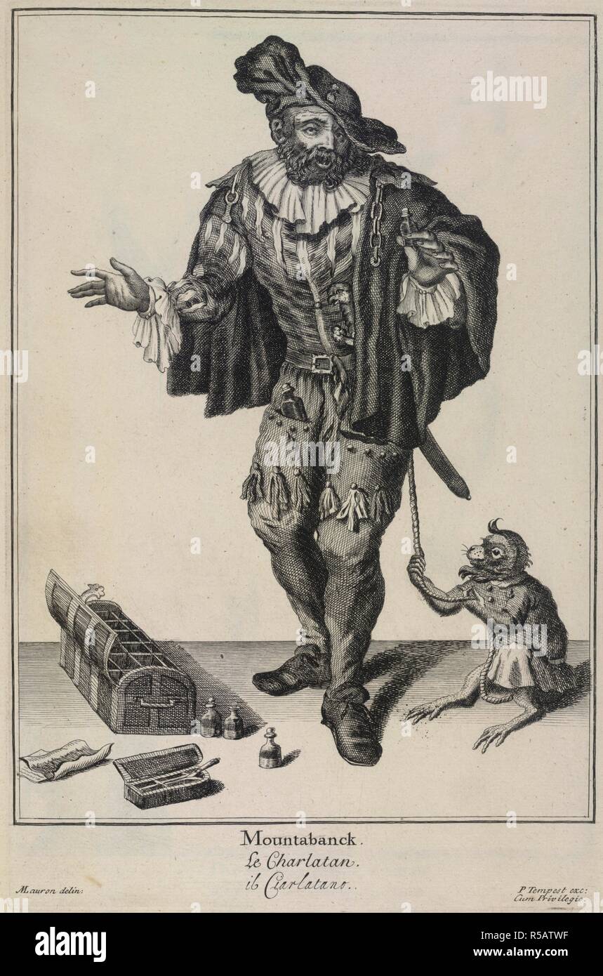 Mountabanck. The Cryes of the City of London Drawne after the L. P. Tempest: [London, 1688?]. A mountebank (charlatan). A person who sold quack medicine in public places. A pet monkey holds a rope attached to his waist.  Image taken from The Cryes of the City of London Drawne after the Life. Les cris de la ville de Londres L:arti co:muni che uanno : Londra, etc. [Seventy two engravings, with two titlepages, also engraved.].  Originally published/produced in P. Tempest: [London, 1688?]. . Source: C.97.h.7,. Language: English. Stock Photo