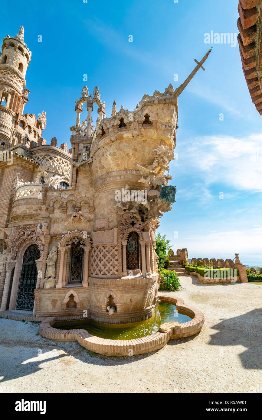 a close up of a beautiful castle tower in the shape of a ship bow in Benalmadena, Spain Stock Photo