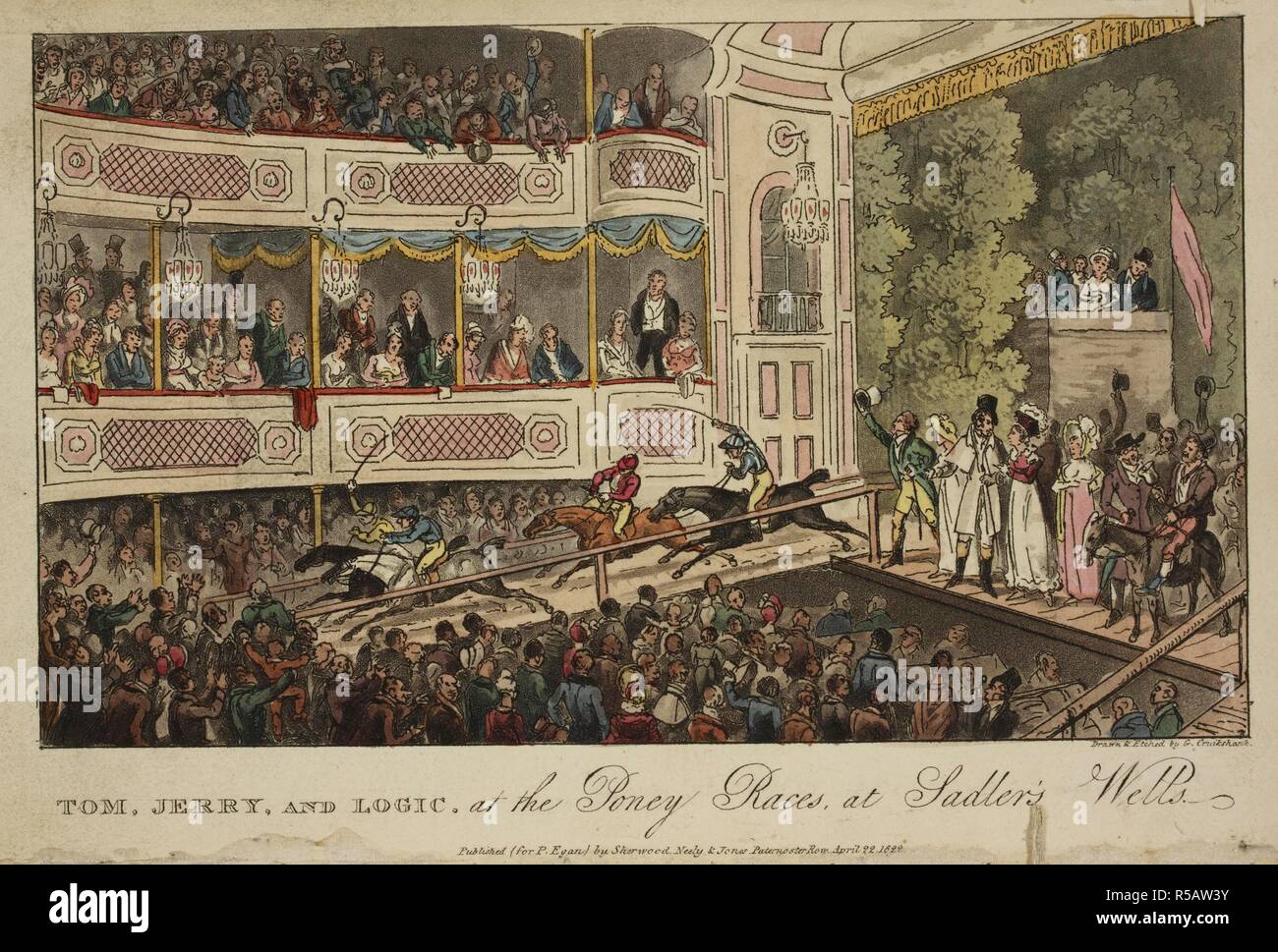 Tom, Jerry, and Logic at the Poney (pony) races at Sadler's Wells. Jockeys riding into the theatre. Sadler's Wells ... The songs, parodies, etc. introduced in the new ... burletta ... called Tom and Jerry; or, Life in London. London, 1822. Source: 11779.c.48. Language: English. Author: EGAN, PIERCE. Stock Photo