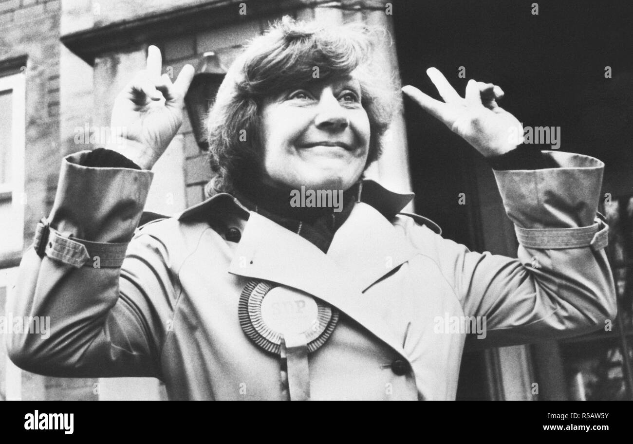 Shirley Williams, candidate of the SDP-Liberal Alliance, gives a double 'V' sign in Crosby while voters were going to the polling stations to choose a new MP. *COPY NEG Stock Photo
