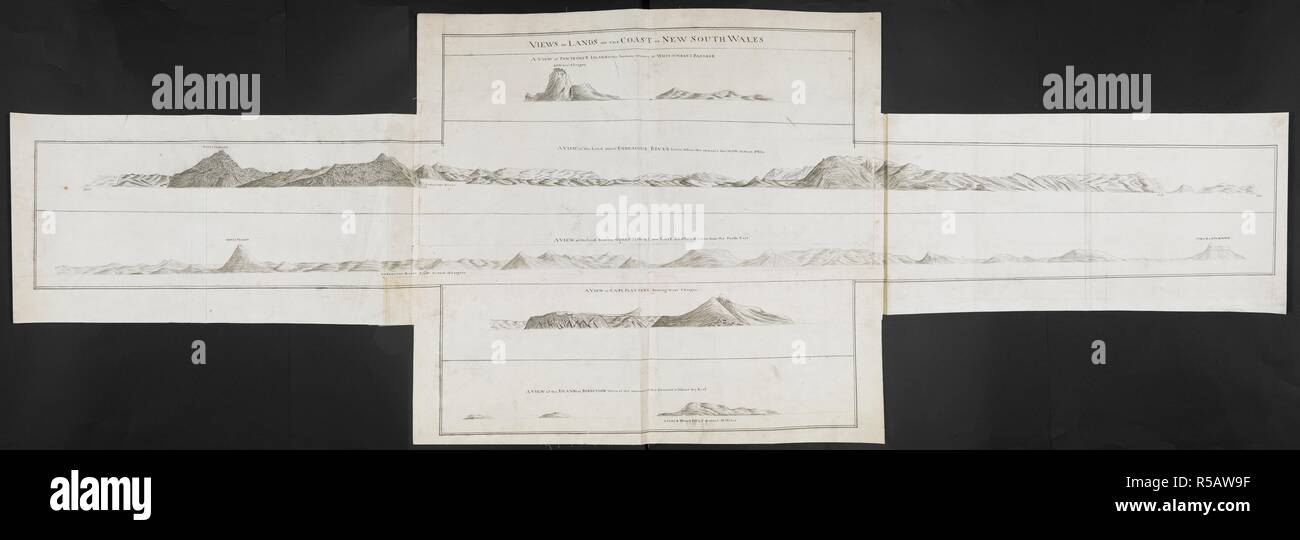 Various views of lands on the east coast of New South Wales; drawn by Lieut. James Cook, 1770. Charts, Plans, Views, and Drawings taken on board the Endeavour during Captain Cook's First Voyage, 1768-1771. Source: Add. 7085, No.41. Stock Photo