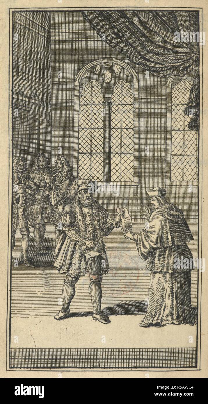 King Henry VIII exchanging a letter with a cardinal. The Dramatick Works of William Shakespear. London : R. Walker, 1734, 35. Source: 11762.aa.5 frontispiece. Author: SHAKESPEARE, WILLIAM. Stock Photo