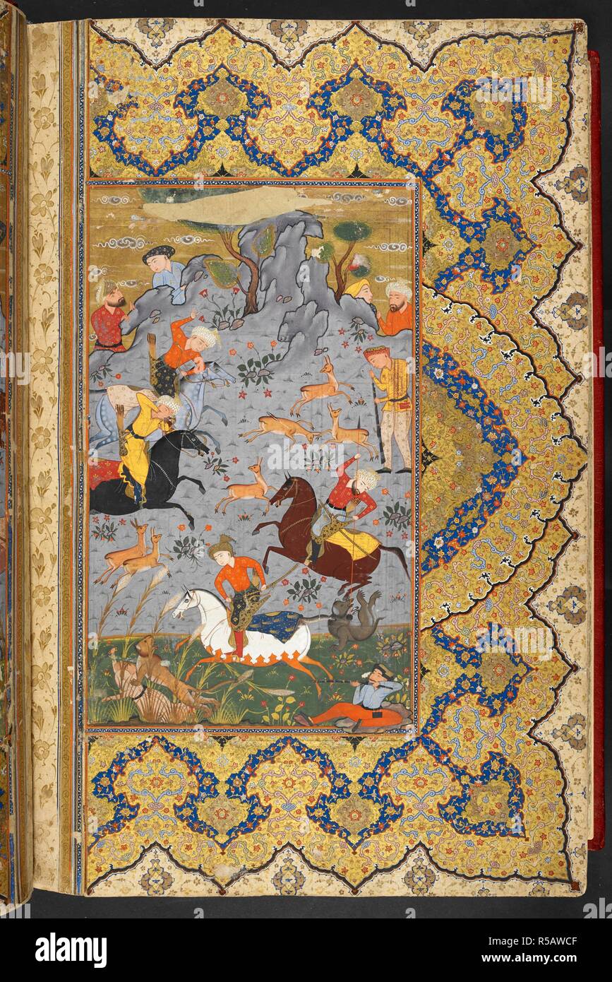 Hunting scene. Hunters on horseback hunting deer. . Shahnama of Firdawsi, with 56 miniatures. 1580 - 1600. Source: I.O. ISLAMIC 3540, f.568v. Language: Persian. Stock Photo