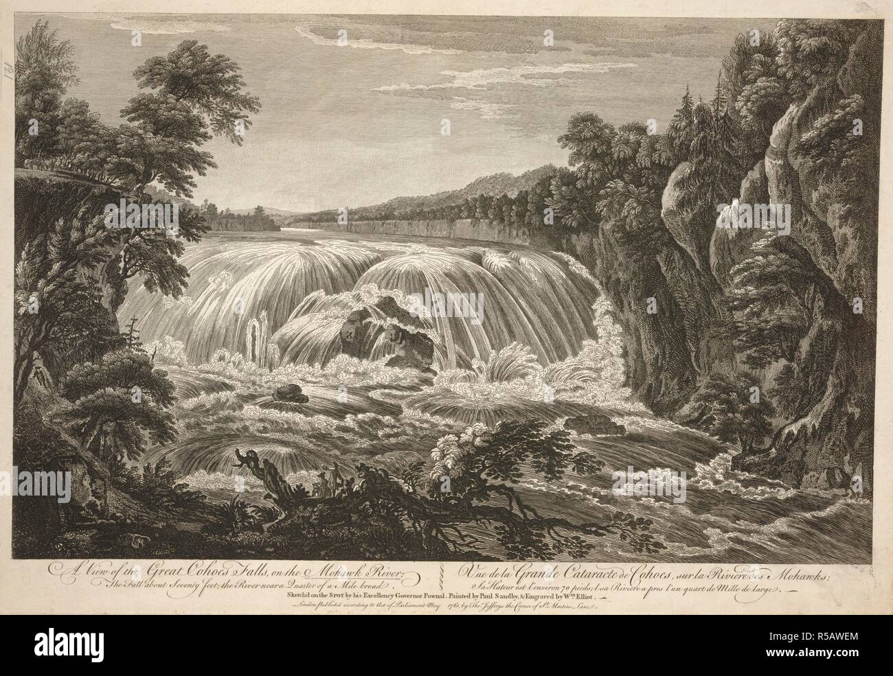 A group of figures stand by a fallen tree in the foreground looking at the waterfall behind, with cliffs and trees on both banks of the Mohawk River and forests in the background . A View of the Great Cohoes Falls, on the Mohawk River = Vue de la Grande Cataracte de Cohoes, sur la Riviere des Mohawks. London : publish'd according to Act of Parliament. May 1761, by Tho.s Jefferys the Corner of St. Martin's Lane, [May 1761]. Etching and engraving. Source: Maps K.Top.121.117. Language: English and French. Author: SANDBY, PAUL. Stock Photo