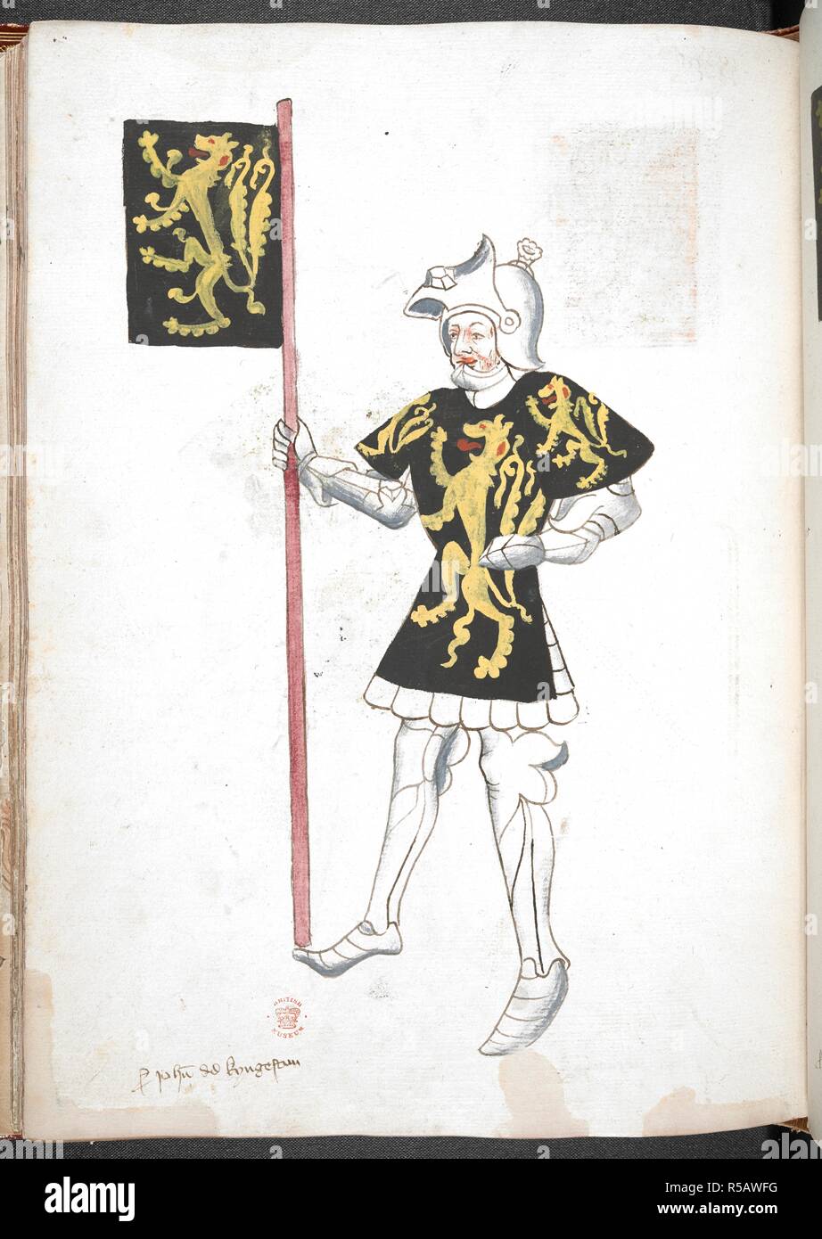 Knight, in armour and tabard, holding a sword and a standard with banner and arms. Legh's Men of Arms (manuscript also known as Sir Thomas Holme's Book of Arms). Part 3 ff. 41-112. England, S. E. (probably London). Last quarter of the 15th century or 1st quarter of the 16th century. Numerous coloured drawings of knights in armour and tabard. Source: Harley 4205 f.90v. Language: French (names of the knights). Gothic cursive. Author: Legh, Roger. Stock Photo