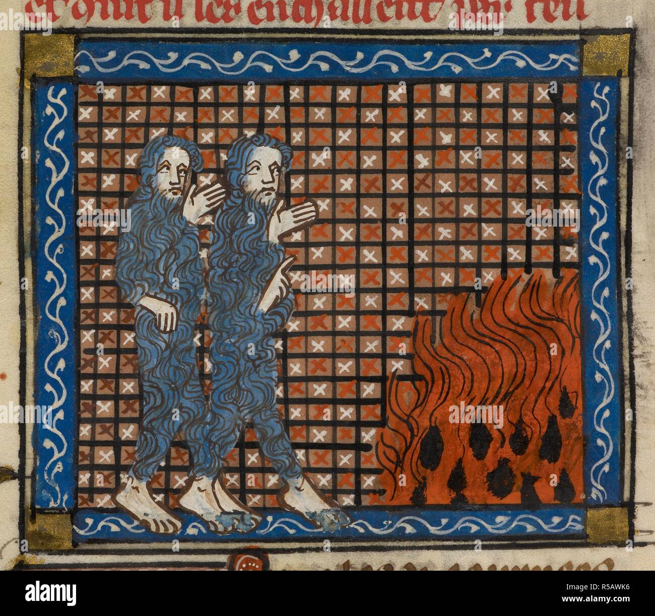 Illustration of two men and a fire. Historia de proeliis, or, La vraie ystoire dou bon roi Alixandre. Historia de proeliis, translated in French as La vraie ystoire dou bon roi Alixandre, and other romances. 2nd quarter of the 14th century, after 1333. Source: Royal 19 D. I f.98v (det). Language: French. Stock Photo