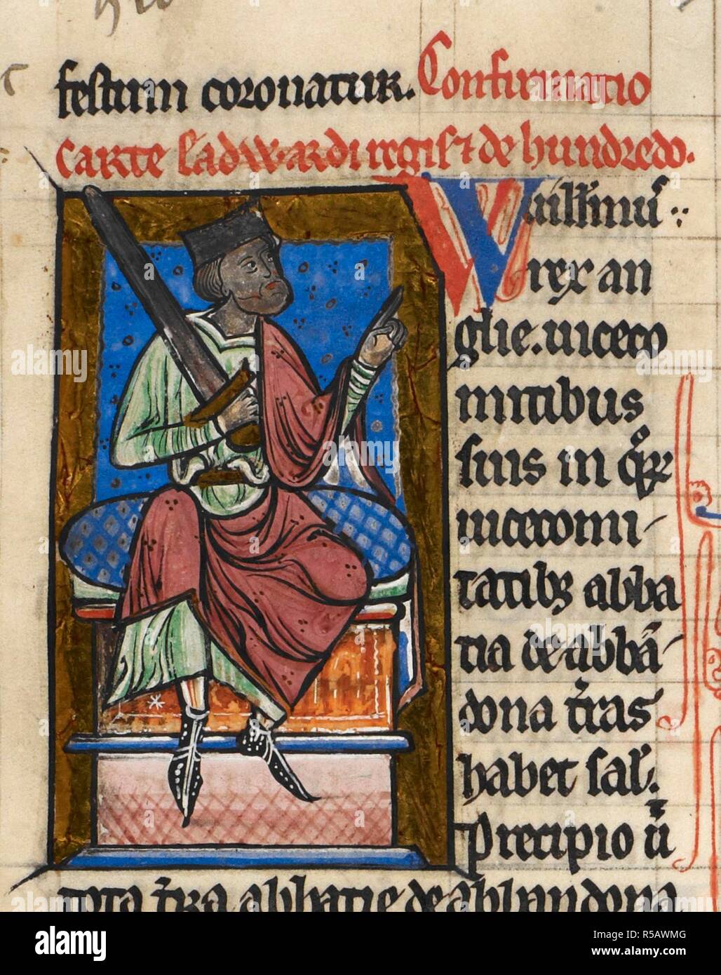King William II (Rufus), seated, holding a sword. Chronicle of Abingdon. England (Abingdon Abbey); circa 1220. Source: Cotton Claudius B. VI, f.124. Language: Latin and Anglo-Sax. Stock Photo