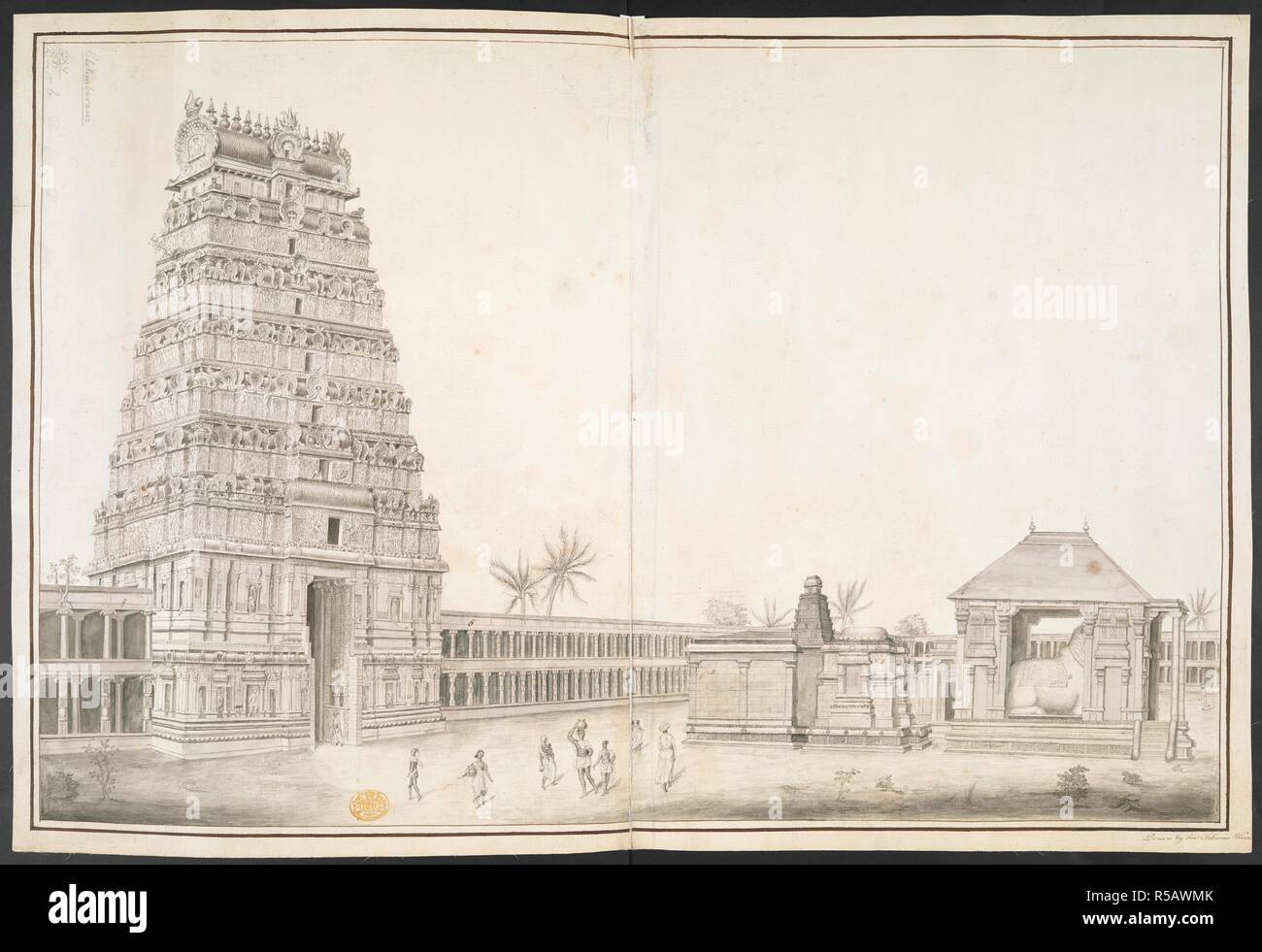 Figures standing in the courtyard; the temple gateway to the left; the Holy house and the holy bull to the right. The Thillai Nataraja Temple. c. 1760-1770. Pen and black ink with monochrome wash over pencil. Source: Maps K.Top.115.82.b.2. Author: Francis Swain Ward. Stock Photo