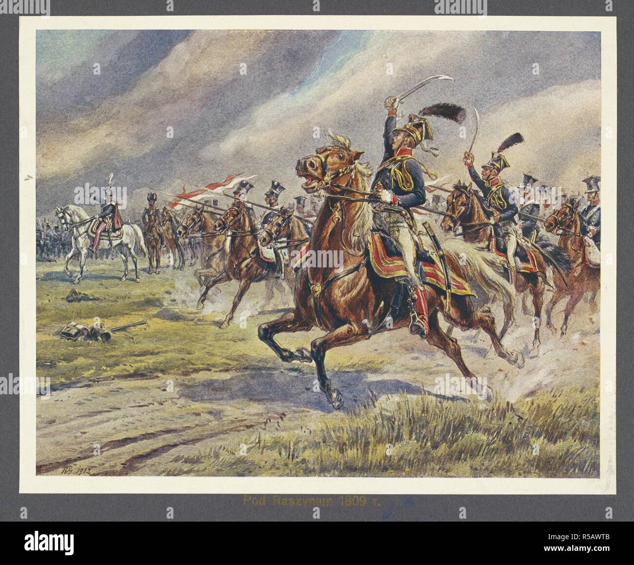 Pod raszynem 1809' (The Battle of Raszyn, 1809). Polish lancers in a cavalry charge. The first Battle of Raszyn was fought on 19 April 1809 between armies of the Austrian Empire and the Duchy of Warsaw, as part of the War of the Fifth Coalition in the Napoleonic Wars. The Austrians were defeated. For this victory, Poniatowski was presented with the grand-aigle de la LÃ©gion d'Honneur, a saber of honor, and a lancer's shako. KsiÃ³Ä…zÌ‡Ã³Ä™ JÃ³zef (Prince JÃ³zef). Ilustracye kolorowe podÅ‚ug obrazÃ³w Br. Gembarzewskiego. [With plates, including portraits.]. Bytom, 1913. Source: 10797.d.2 plate o Stock Photo