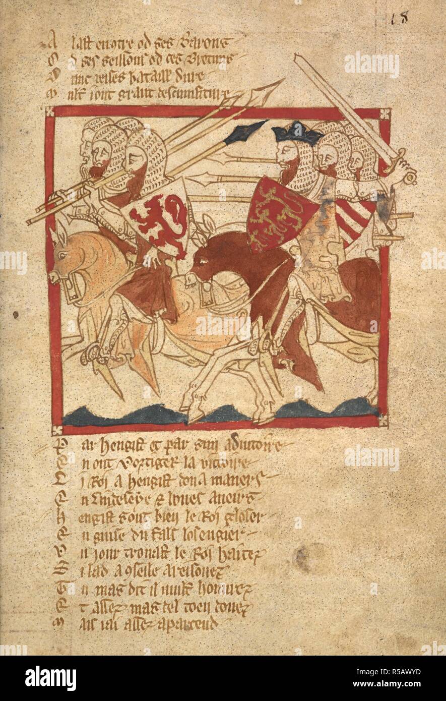 King Hengist ( gu ., three leopards or ) drives away the Picts ( arg ., a lion rampant gu .). ROMANCES in French verse ... 14th century. Source: Egerton 3028 f.18. Author: Wace, Canon of Bayeux. Stock Photo