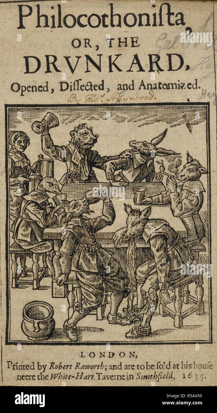 An allegorical scene, depicting drunken animals sitting around a table ...