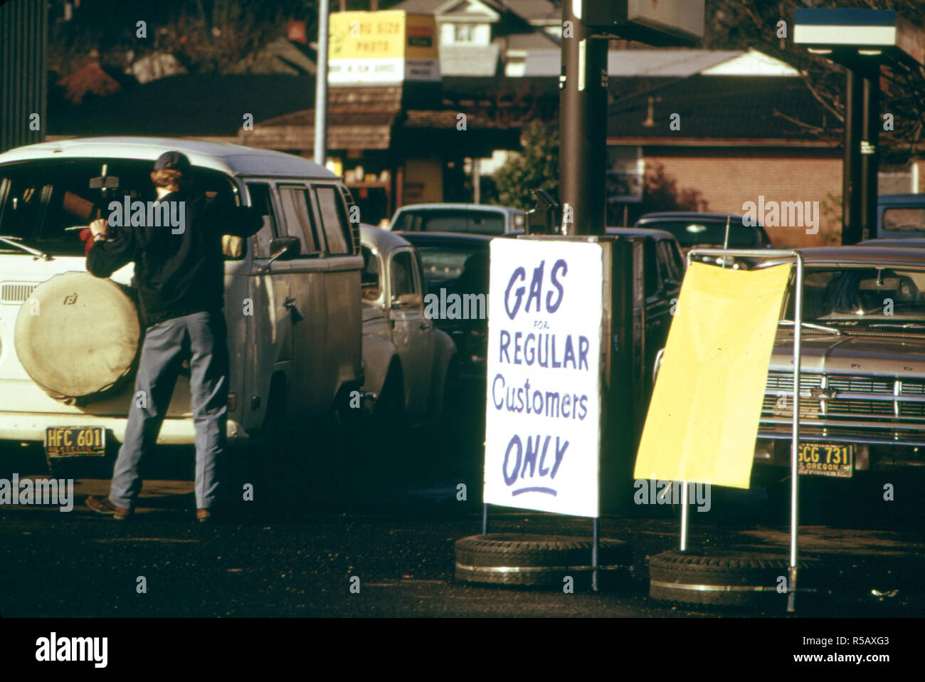1974 Portland - The State of Oregon Had a Flag System in Addition to Its Odd-Even System of Allocating Gasoline 01/1974 Stock Photo