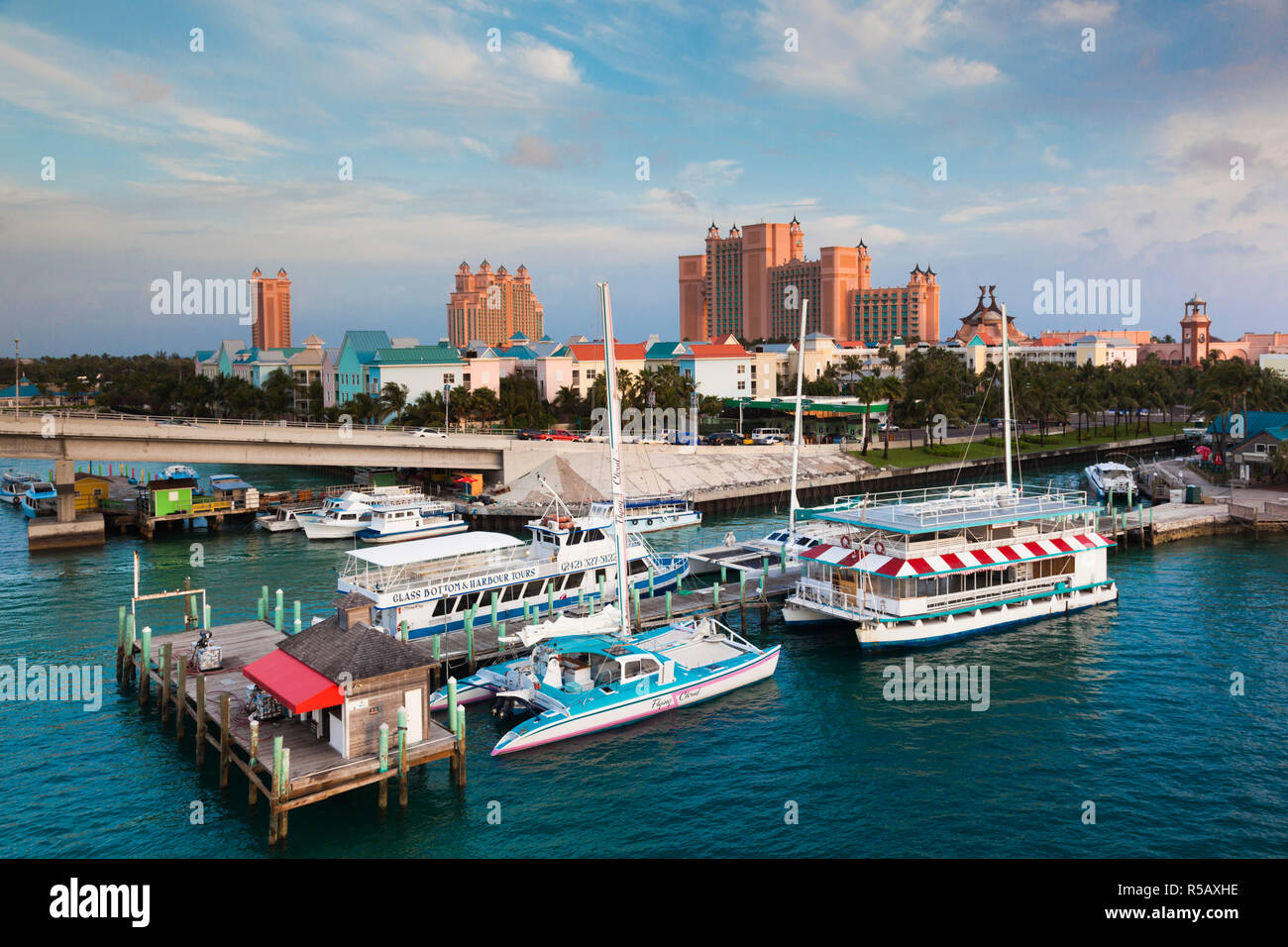 Bahamas, New Providence Island, Nassau, Potters Cay boat harbor and Atlantis Hotel and Casino Stock Photo