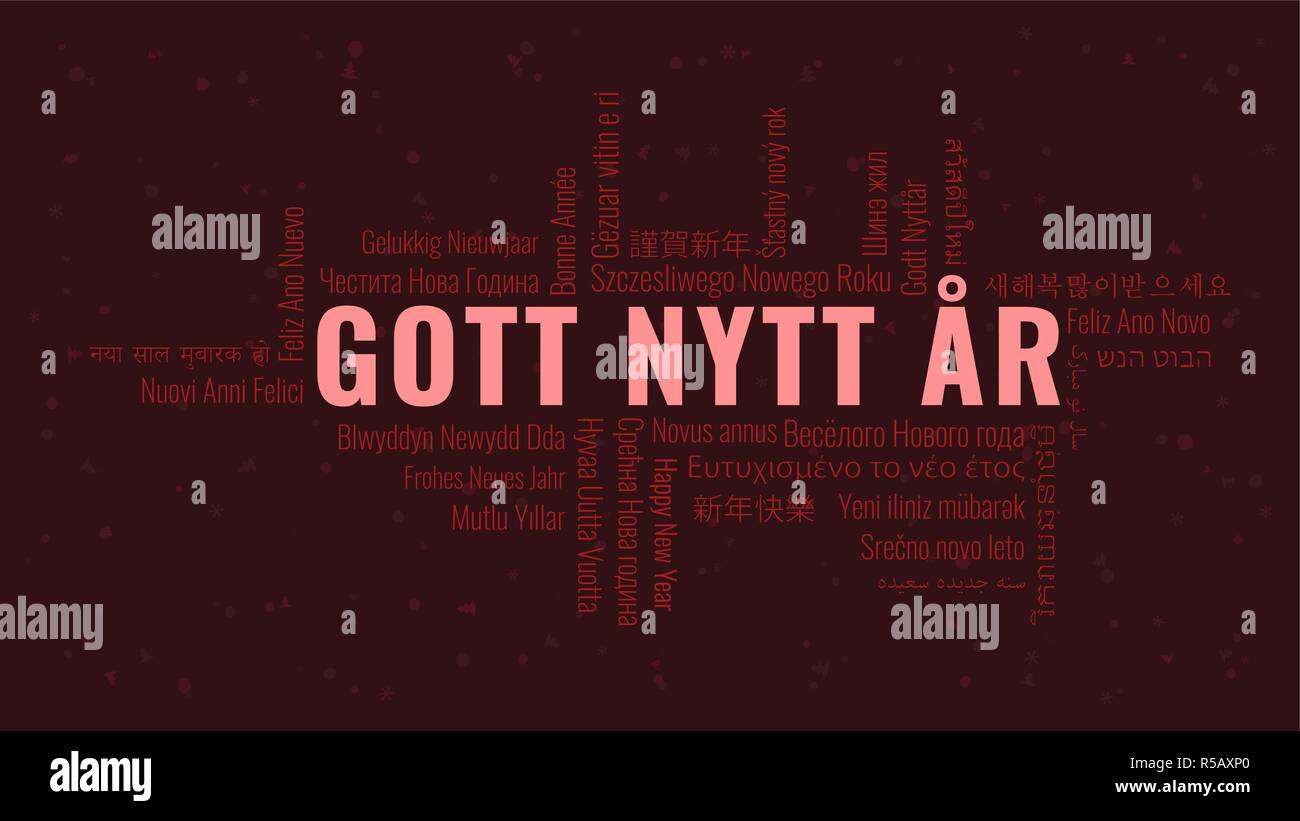 Happy New Year text in Swedish 'Gott Nytt Ar' with word cloud in many languages on a dark snowy background Stock Vector