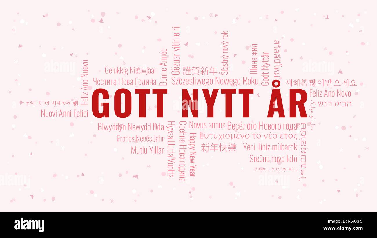Happy New Year text in Swedish 'Gott Nytt Ar' with word cloud in many languages on a white snowy background Stock Vector