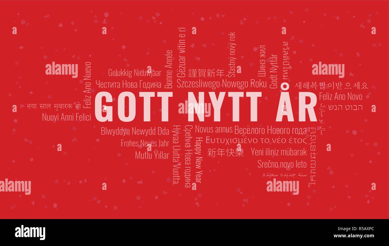 Happy New Year text in Swedish 'Gott Nytt Ar' with word cloud in many languages on a red snowy background Stock Vector