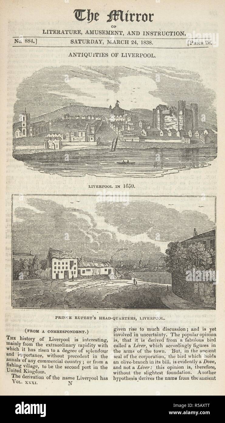 'Liverpool in 1650.' 'Prince Rupert's head-quarters, Liverpool.'. The Mirror of Literature, Amusement and Instruction. London, 24 March, 1838. Source: P.P.5681 volume XXXI. Stock Photo