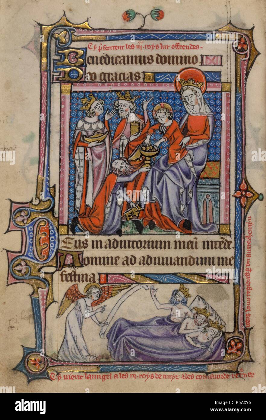 Miniature of the Adoration of the Magi, with a bas-de-page scene of an  angel warning the sleeping Magi of Herod's intentions, with a caption  beneath reading â€˜Cy vient laungel a les .iii