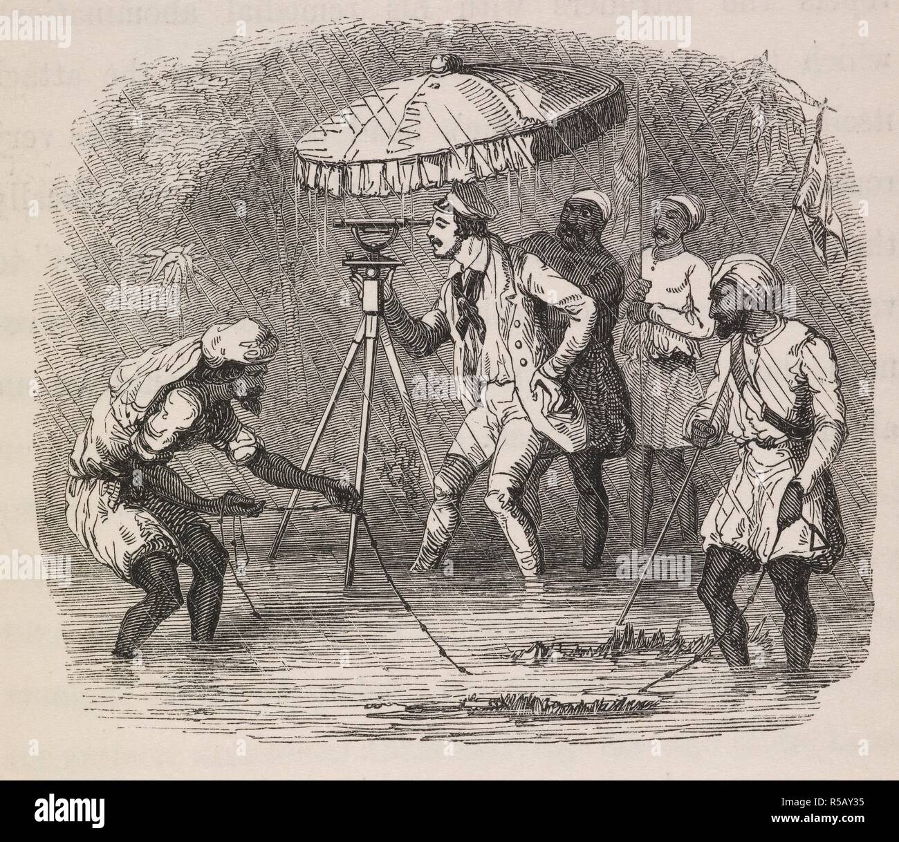 European man, under cover from the rain, using a piece of surveying equipment, aided by four Asian men. Pictures from the North in pen and pencil, sketched during a summer ramble. London, England John Ollivier, 1848. Source: V.10130 page 119. Language: English. Author: Atkinson, George Francklin. Stock Photo