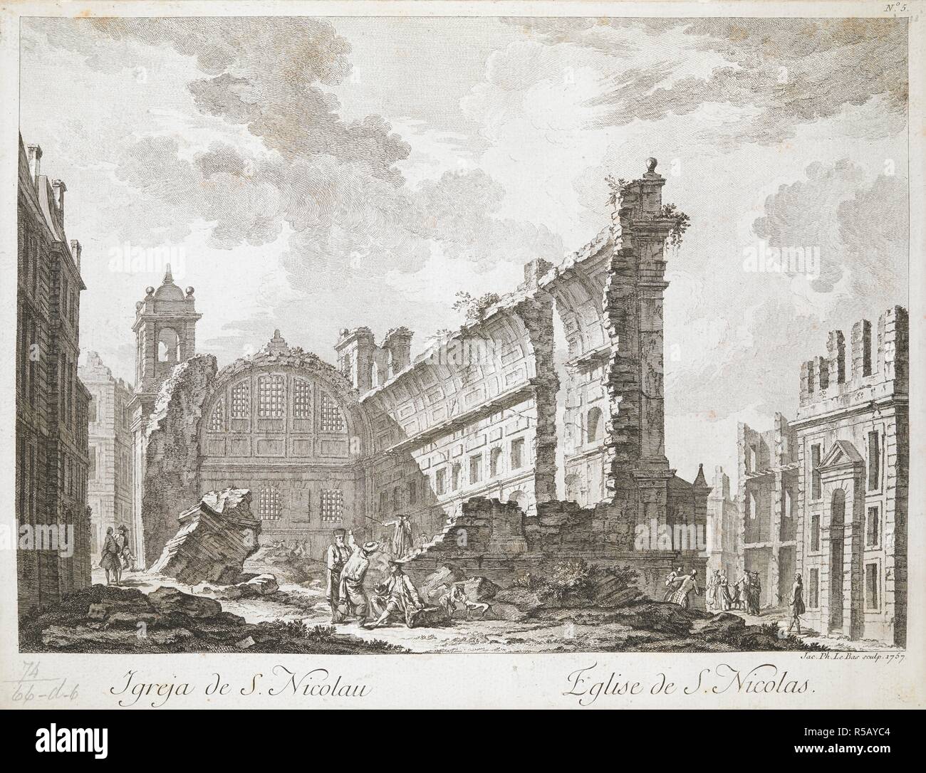 A group of figures including two men dressed in Oriental costume and a priest promenade among the ruins of the Church of St. Nicholas in Lisbon, with the West faÃ§ade and North side still standing and rubble scattered in the nave. Other buildings in ruins in the background. Igreja de S. Nicolau = Eglise de S. Nicolas. [Paris] : [Jacques-Philippe Le Bas and Jacques-FranÃ§ois Blondel], [1757]. Source: Maps K.Top.74.66.d.6. Language: French. Stock Photo