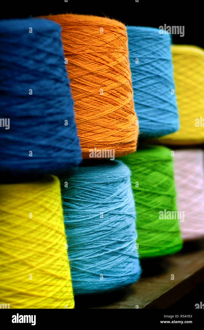 Spools Of Dyed Aplaca Yarn, Alpaca Wool Factory, El Alto, Bolivia Stock Photo