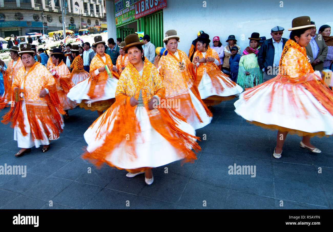Bolivian Cholita's Dancing, Indigenous Aymaran clothing, Celebrating Independence Day, La Paz, Bolivia Stock Photo