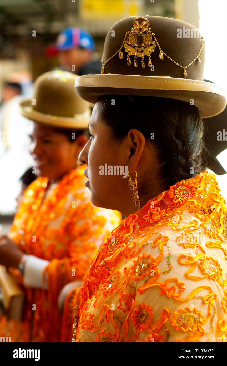 Bolivian Cholita's, Indigenous Aymaran Clothing, Celebrating Independence Day, La Paz, Bolivia. Stock Photo
