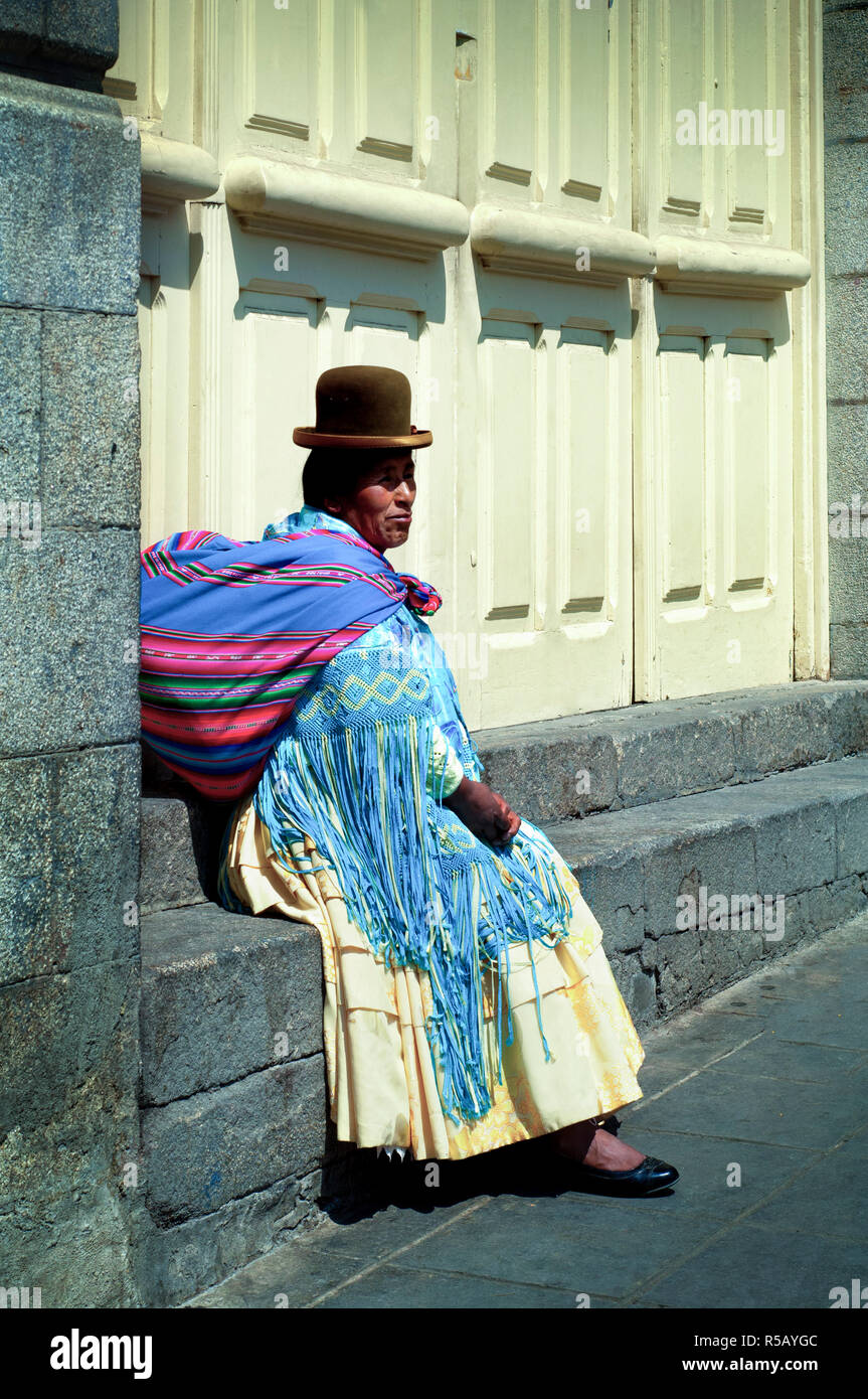 Bolivian Cholita, Indigenous Aymaran Clothing, Plaza San Francisco, La Paz, Bolivia Stock Photo