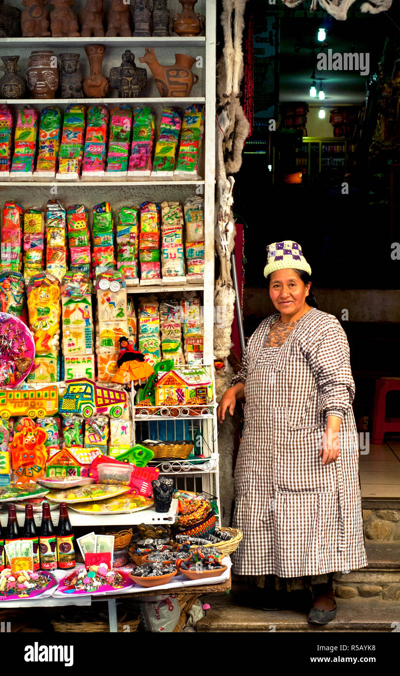 Witches' Market, Mercado de las Brujas, Indigenous Aymaran Shopkeeper, La Paz, Bolivia Stock Photo