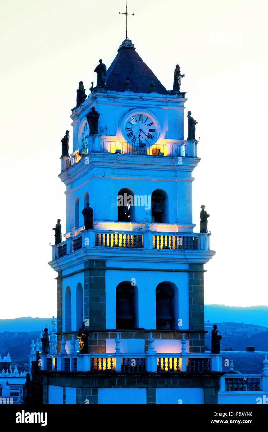 Cathedral Clock Tower, Baroque Style, Sucre, Bolivia, UNESCO World Heritage Site Stock Photo