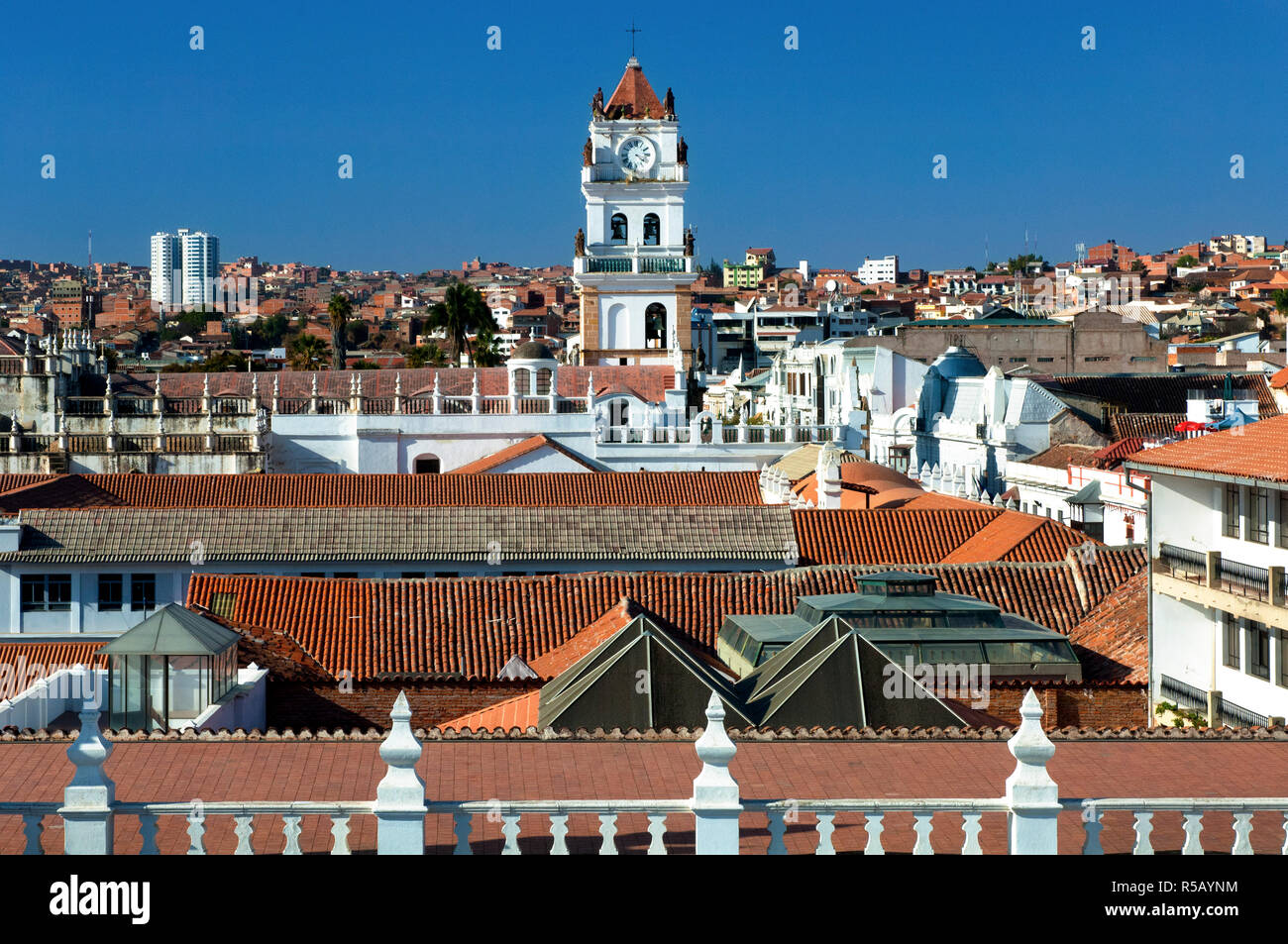 Sucre Cathedral Clock Tower, View From The Rooftop Of The San Felipe de Neri Monastery, Sucre, Bolivia, The White City, La Ciudad Blanca, UNESCO World Heritage Site. Stock Photo